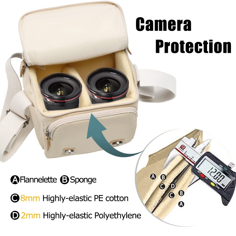Cwatcun Compact Camera Bag Purse Case Canvas Leather Trim Compatible for Nikon  Canon  Sony Mirrorless Camera and Lenses Waterproof  Camera Shoulder Messenger Bag Beige - Image 5